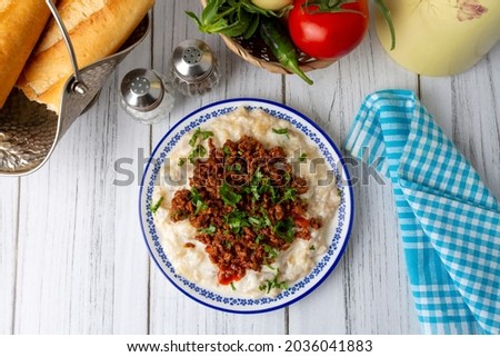 Turkish Ali Nazik Kebab with Yogurt, Minced Meat and Roasted Eggplant or Aubergine Kebap. Stok fotoğraf © 