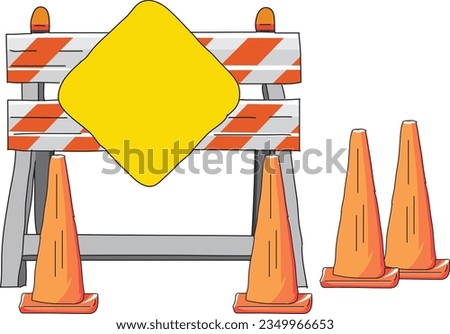 Roadblocks set. Warning and stop signs, under construction boards, yellow tape and cones