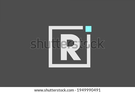 grey R alphabet letter logo icon. Square design for company and business identity with blue dot