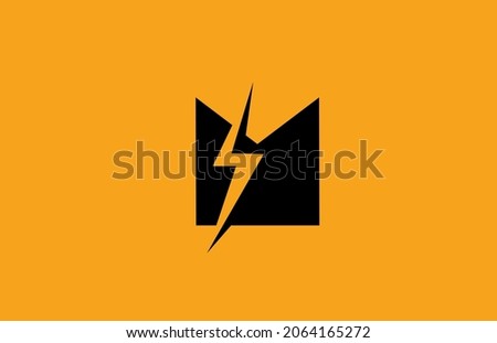 M black yellow alphabet letter logo icon. Electric lightning design for power or energy company