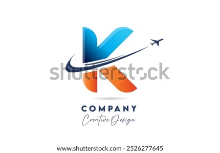 K corporate letter alphabet logo icon design with swoosh plane suitable for an air or aerospace travel company or business