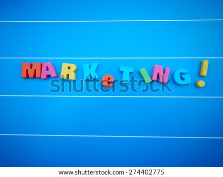 Marketing text on a blue background board