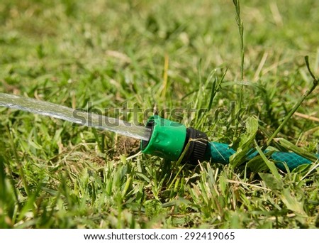 pours water pressure from a garden hose in the grass