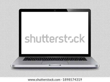 Realistic perspective front laptop with keyboard isolated incline 90 degree. Computer notebook with empty screen template. Front view of mobile computer with keypad backdrop. Digital equipment cutout