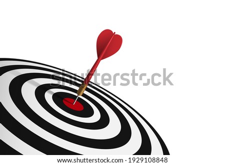 Red dart hit to center of dartboard. Arrow on bullseye in target. Business success, investment goal, opportunity challenge, aim strategy, achievement focus concept. 3d realistic vector illustration