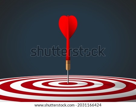 Red dart hit to center of dartboard. Arrow on bullseye in target. Business success, investment goals, marketing challenge, financial strategy, purpose achievement, focus ideas concept. 3d  vector