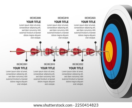 Arrow hit to dartboard with infographic. target step timeline left to right. Business data chart, investment goal, marketing challenge, strategy presentation, achievement diagram. vector template.