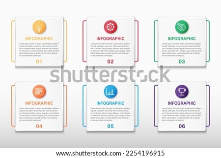 Infographic design vector template with 6 round square step or option and number. Business presentation, target goal report, project timeline, strategy plan, success information, flat diagram layout.
