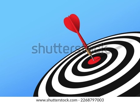 Red dart hit to center of tilt angle dartboard with blue gradient background. Arrow on bullseye in target. Business success, invest goal, opportunity challenge, strategy, achievement focus concept.