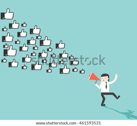 Megaphone call the hand with positive sign follow businessman. Metaphor story of The Pied Piper of Hamelin. Flat design for business financial marketing sale advertisement digital concept illustration