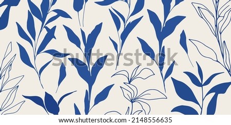 Hand drawn minimalist silhouette flower elements seamless pattern. Tropical plant branch for wallpaper, logo, t-shirt, invitation, print, poster, stickers, pattern, textile, fabric, backdrop.