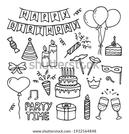 Set of Happy Birthday doodles. Sketch of Party decoration, gift box, cake, party hats.
 Hand drawn vector illustration isolated on white background.