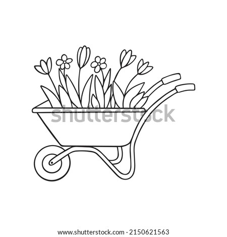 Hand drawn garden wheelbarrow with flowers doodle. Garden equipment in sketch style.  Vector illustration isolated on white background.