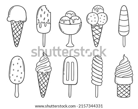 Hand drawn set of ice cream doodle.  Sweet desserts: eskimo, waffle cone in sketch style.  Vector illustration isolated on white background for cafe or restaurant menu, birthday card