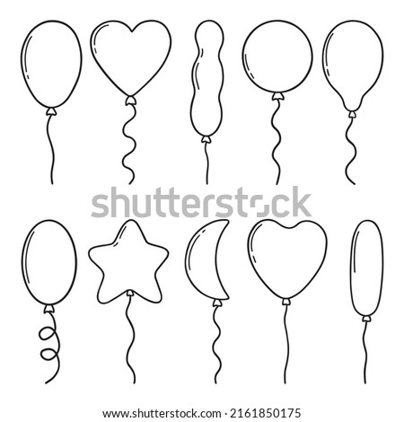 Hand drawn set of balloons doodle. Different shapes of balloons in sketch style. Vector illustration isolated on white background. For posters, greeting cards, birthday party decorations.