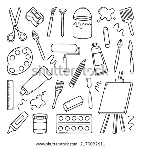 Hand drawn set of artist tools doodle. Art supplies in sketch style. Easel, brushes, paint, pencils. Vector illustration isolated on white background.