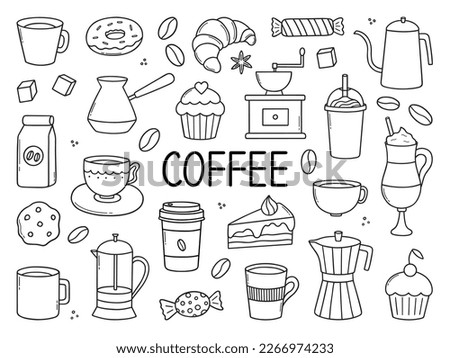 Coffee time doodle set. Teapots, cups, turk and sweets in sketch style.  Vector illustration isolated on white background.