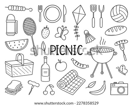 Summer picnic doodle set. Basket, fruit, barbecue, badminton, thermos in sketch style. Hand drawn vector illustration isolated on white background