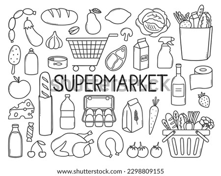 Supermarket products doodle set.  Grocery store in sketch style. Hand drawn vector illustration isolated on white background