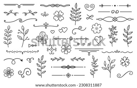 Decorative elements doodle set. Divider ornament, borders, branches, flowers. Hand drawn vector illustration isolated on white background