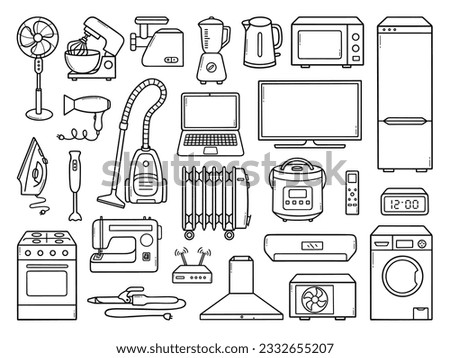 Home appliances doodle set. Household equipment: microwave, refrigerator, vacuum cleaner, sewing machine, hair dryer, mixer in sketch style. Hand drawn vector illustration isolated on white background
