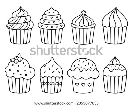 Cupcakes doodle set. Desserts and sweets in sketch style. Hand drawn vector illustration isolated on white background
