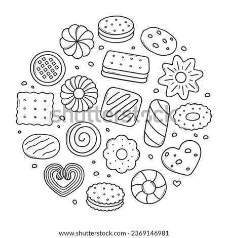 Cookies and biscuits doodle set. Desserts, pastry, crackers, chocolate chip cookies in sketch style. Hand drawn vector illustration isolated on white background