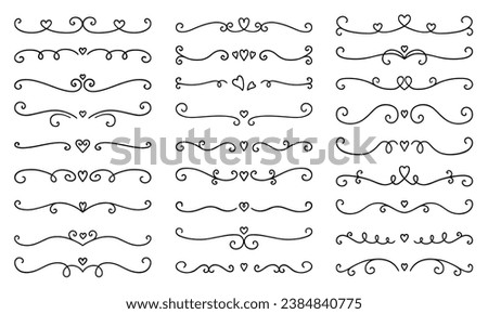 Text dividers with hearts doodle set. Wedding decorative elements. Divider ornament, borders, lines. Hand drawn vector illustration isolated on white background