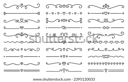 Text dividers with hearts doodle set. Wedding decorative elements. Divider ornament, borders, lines. Hand drawn vector illustration isolated on white background