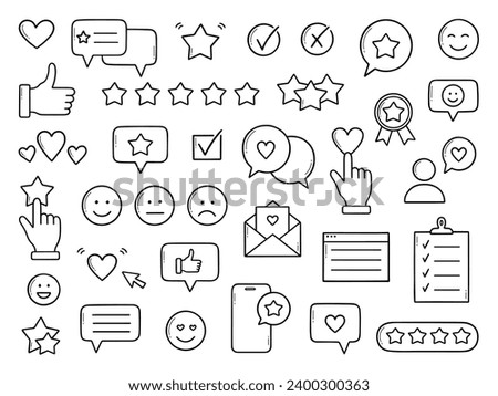 Feedback doodle set. Quick Response, rating, review, testimonials, support service, emotion symbols in sketch style. Hand drawn vector illustration isolated on white background