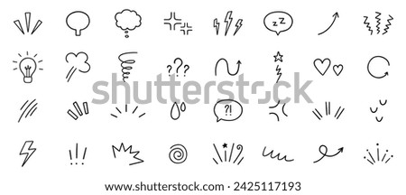 Expression sign, Anime manga doodle set. Comic decorative brush stroke lines, design elements, emotion symbols, movement in sketch style. Hand drawn vector illustration isolated on white background