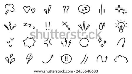 Expression sign, Anime manga doodle set. Comic decorative brush stroke lines, design elements, emotion symbols, movement in sketch style. Hand drawn vector illustration isolated on white background