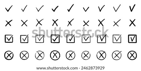 Check marks doodle set. Checkbox, checklist, tick and cross signs, v and x in sketch style. Hand drawn vector illustration isolated on white background