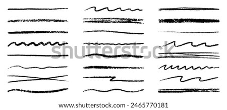 Chalk lines, charcoal highlight strokes doodle set. Pencil underlines, kids crayon strips, brush line in sketch style. Grunge texture. Hand drawn vector illustration isolated on white background