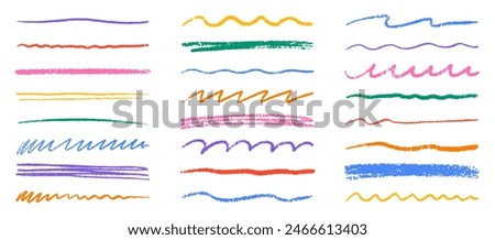 Chalk lines, charcoal highlight strokes doodle set. Pencil underlines, kids crayon strips, brush line in sketch style. Grunge texture. Hand drawn vector illustration isolated on white background