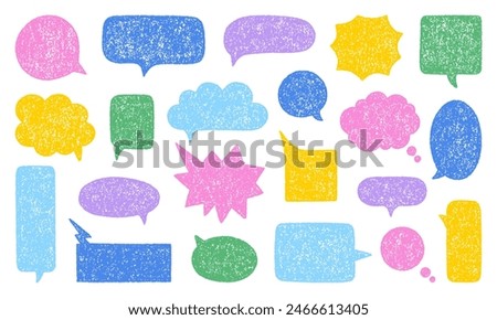 Chalk pencil speech bubbles doodle set. Crayon communication frame, comic talk balloon in sketch style, Grunge texture. Hand drawn vector illustration isolated on white background