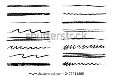 Chalk lines, charcoal highlight strokes doodle set. Pencil underlines, kids crayon strips, brush line in sketch style. Grunge texture. Hand drawn vector illustration isolated on white background