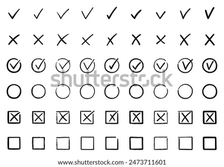 Check marks doodle set. Checkbox, checklist, tick and cross signs, v and x in sketch style. Hand drawn vector illustration isolated on white background