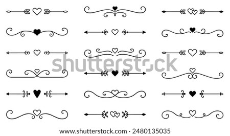 Text dividers with hearts doodle set. Wedding decorative elements. Divider ornament, borders, arrows. Hand drawn vector illustration isolated on white background