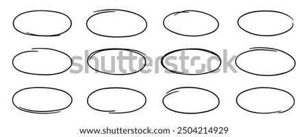 Black circle highlight, pen ovals doodle. Marker ellipses frames in sketch style. Hand drawn vector illustration isolated on white background