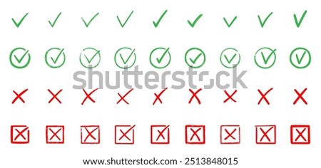 Check marks doodle set. Checkbox, checklist, tick and cross signs, v and x in sketch style. Hand drawn vector illustration isolated on white background