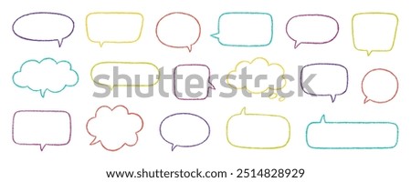 Chalk pencil speech bubbles doodle set. Crayon communication frame, comic talk balloon in sketch style, Grunge texture. Hand drawn vector illustration isolated on white background