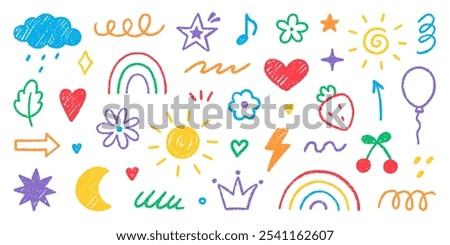 Chalk pencil cute kid doodle set. Childish scribble crayon rainbow, stars, flower, heart, crown in sketch style. Grunge texture. Hand drawn vector illustration isolated on white background