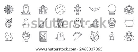 Halloween and attributes icons set, Included icons as pumpkin, witch, vampire, skeleton and more symbols collection, logo isolated vector illustration