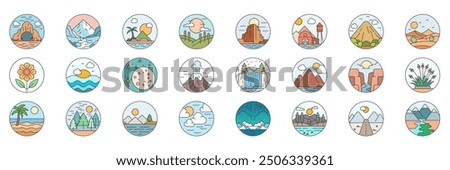 Landscape icons set, Included icons as Volcano, Cliff, Grass, Mountain and more symbols collection, logo isolated vector illustration