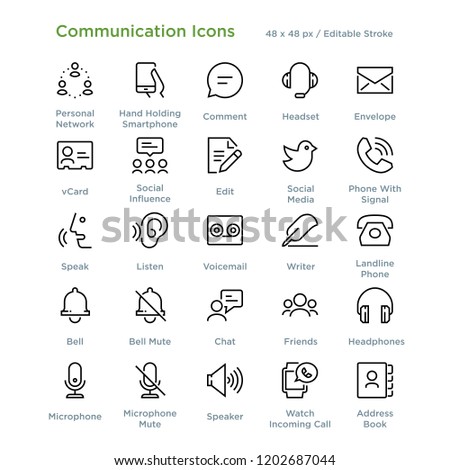 Communication Icons - Outline styled icons, designed to 48 x 48 pixel grid. Editable stroke.