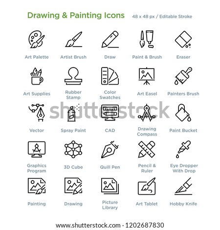 Drawing And Painting Icons - Outline styled icons, designed to 48 x 48 pixel grid. Editable stroke.
