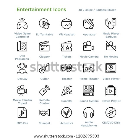 Entertainment Icons - Outline styled icons, designed to 48 x 48 pixel grid. Editable stroke.