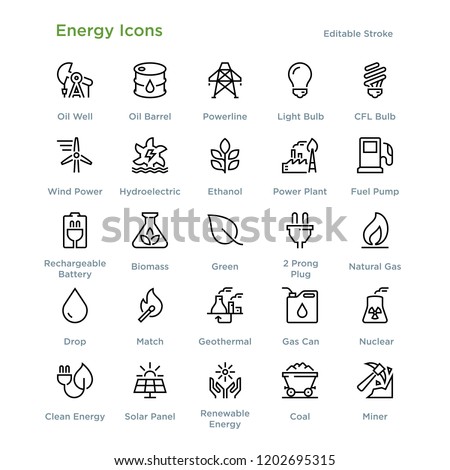 Energy Icons - Outline styled icons, designed to 48 x 48 pixel grid. Editable stroke.