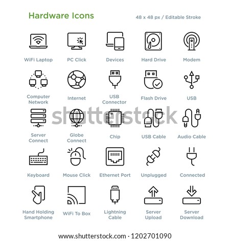 Hardware Icons - Outline styled icons, designed to 48 x 48 pixel grid. Editable stroke.